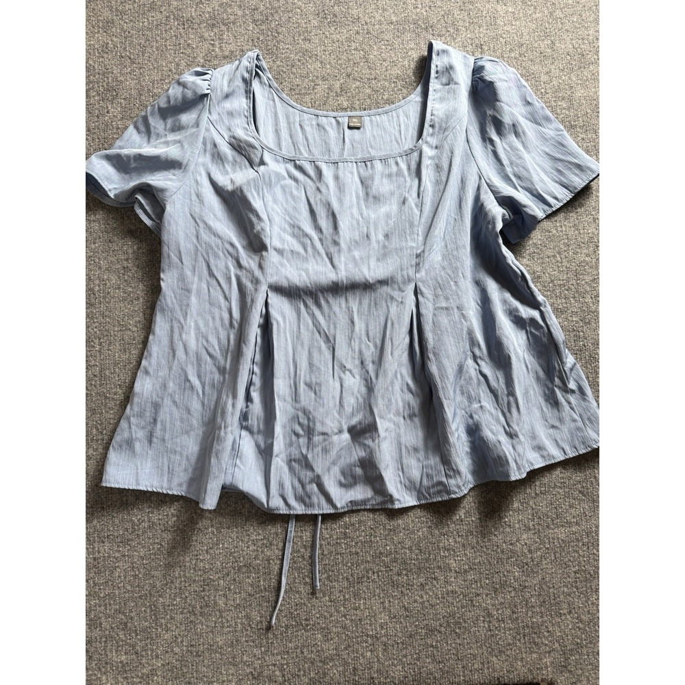 Women's Light Blue Square Neck Short Sleeve Blouse Top Pleated Waist Tie Back 3X